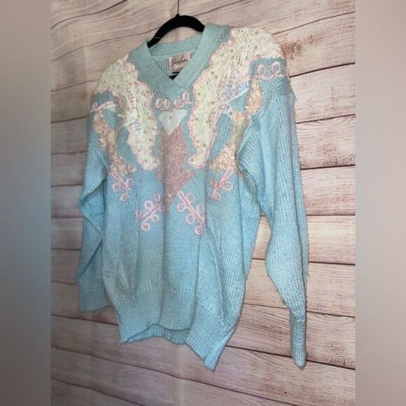 Jocelyn Smith VTG Pastel Goth Sequin Pearl Fairy Kei Cottagecore Sweater Medium‎ - Picture 11 of 12